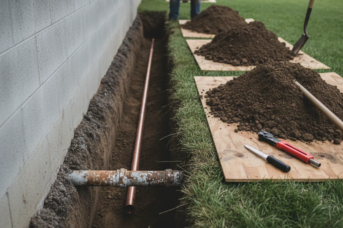 Excavated water line trench during Water Heater Repair in Saint James